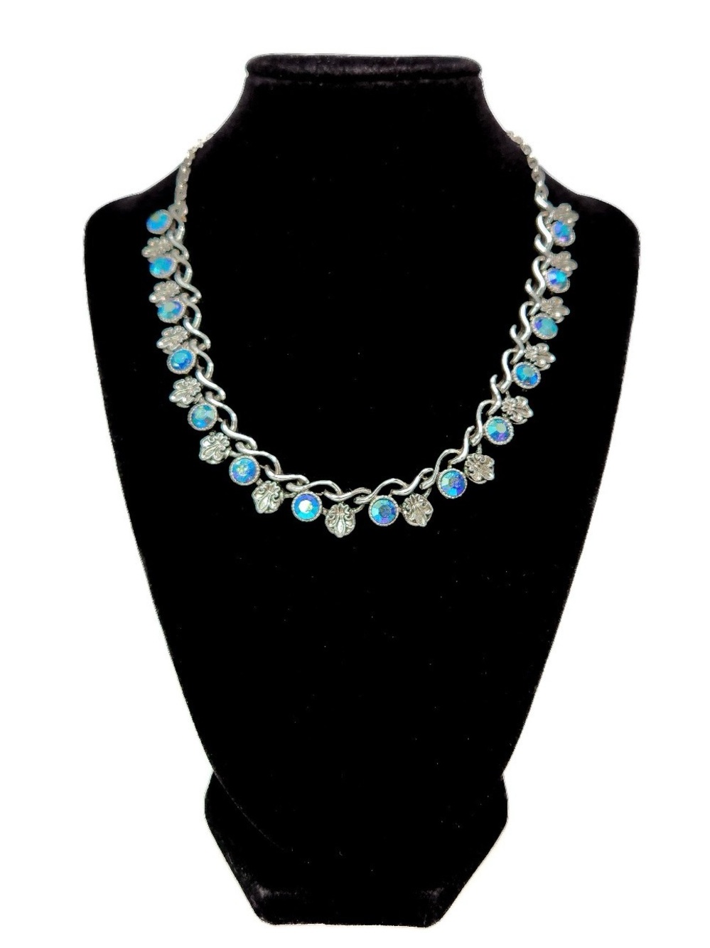PRE-Loved-Vintage Aurora Borealis Rhinestone Choker: 1960s Silver Plate Fleur de